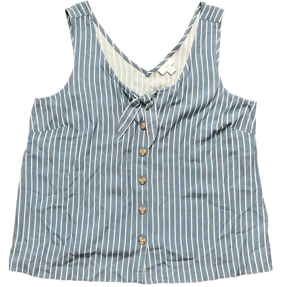 J. Jill Women Medium Blue White Striped Front Tie Button Down Tank Top Blouse